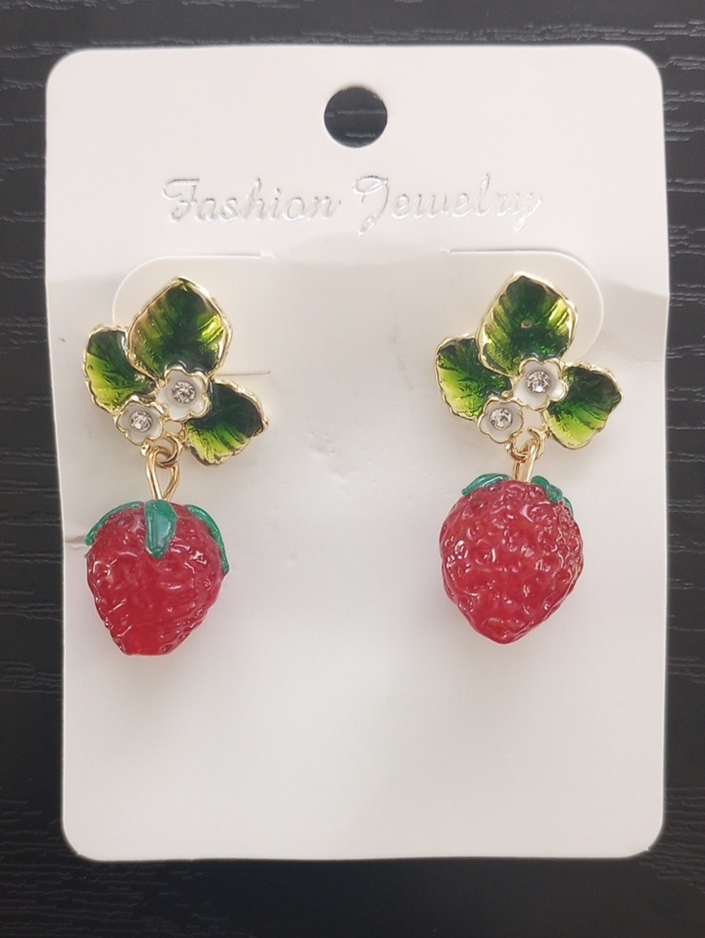 Strawberry Fruit Drop Earrings with Green Leaves